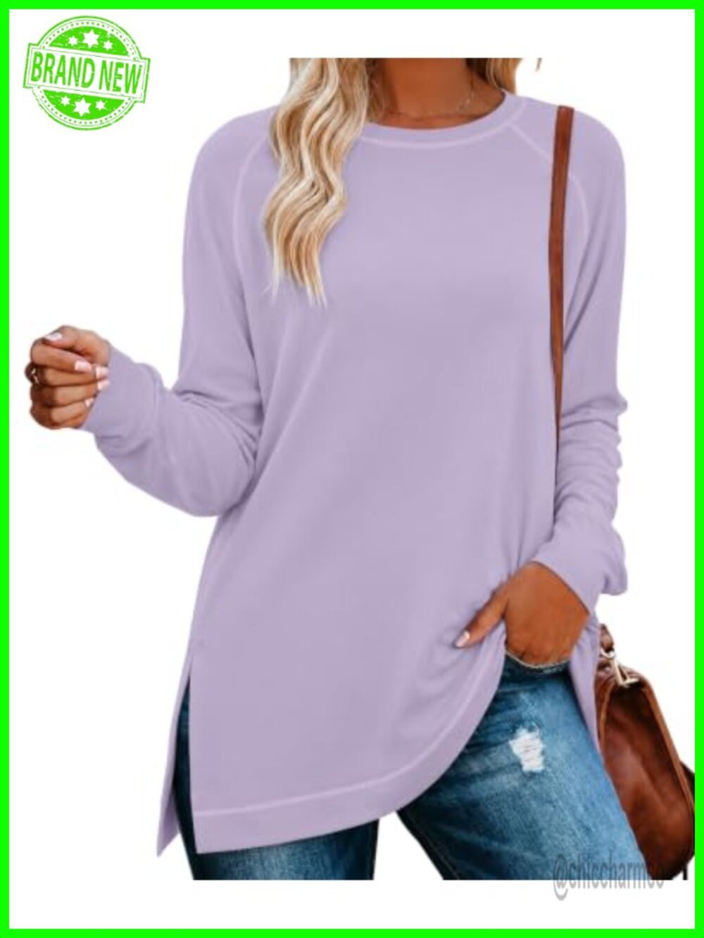 Womens Tunic Top Long Sleeve Crew Neck Loose Fit Side Slits